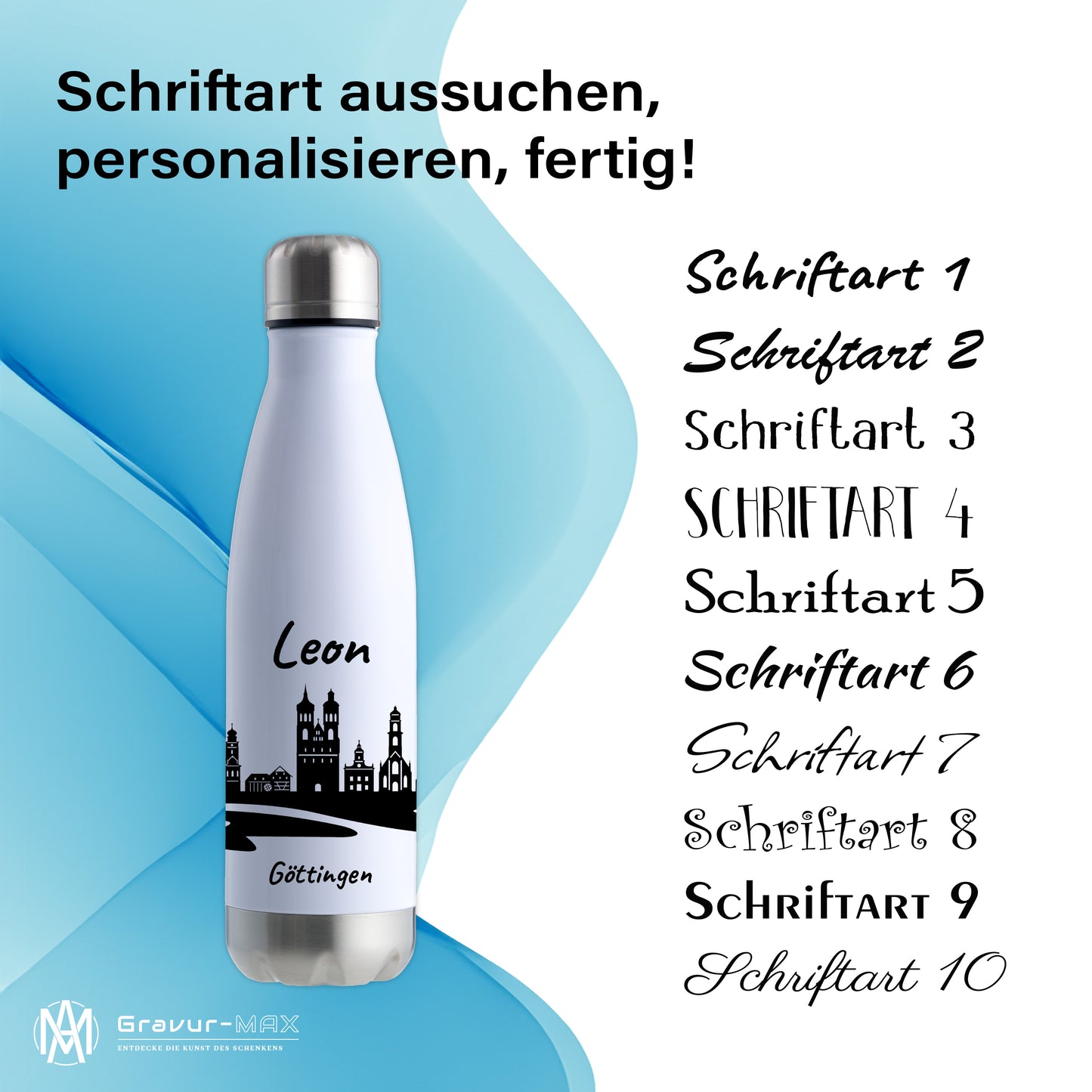 Trinkflasche in Weiß/Silber 500ml aus Edelstahl bedruckt mit der Skyline von Göttingen personalisierbar mit Wunschname