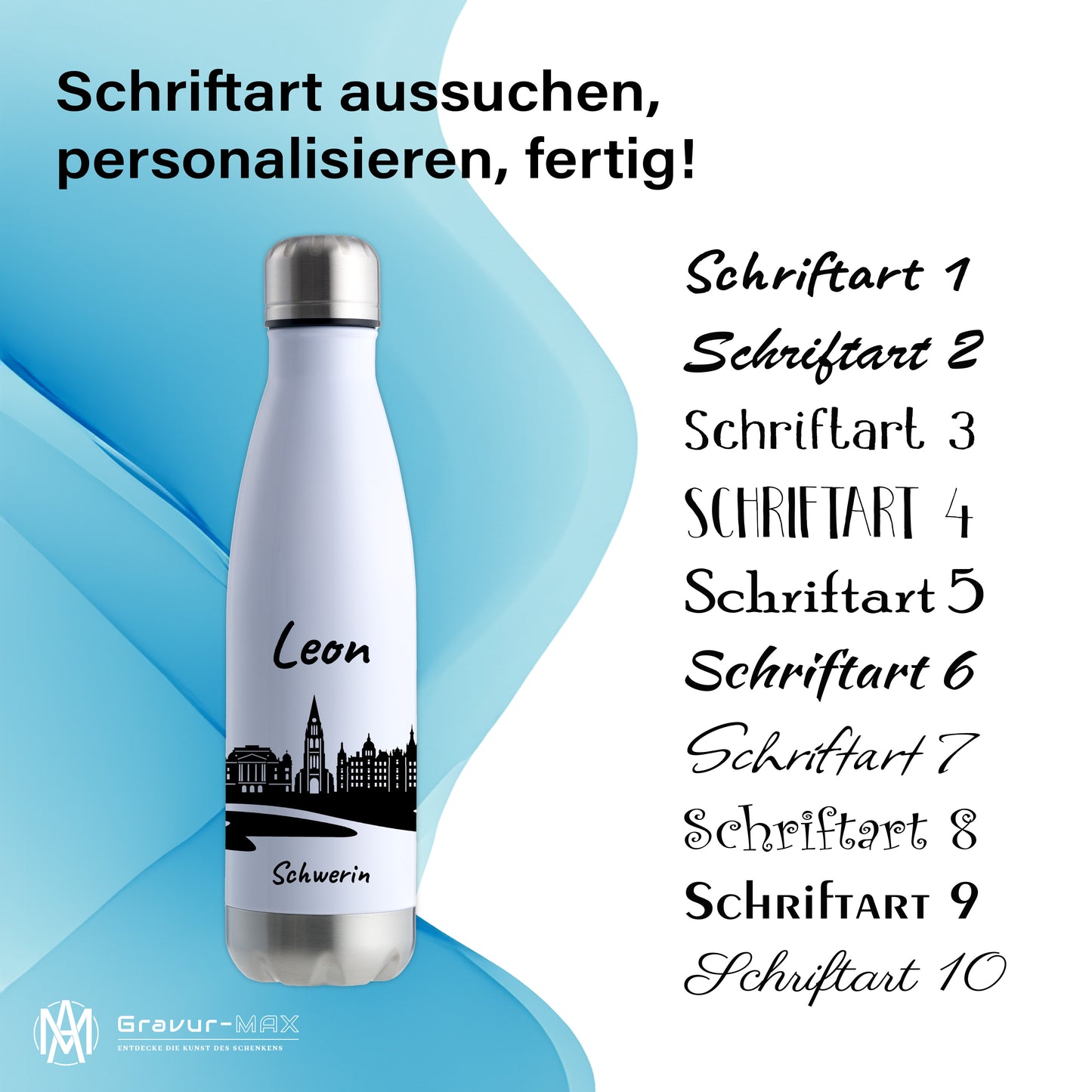 Trinkflasche in Weiß/Silber 500ml aus Edelstahl bedruckt mit der Skyline von Schwerin personalisierbar mit Wunschname