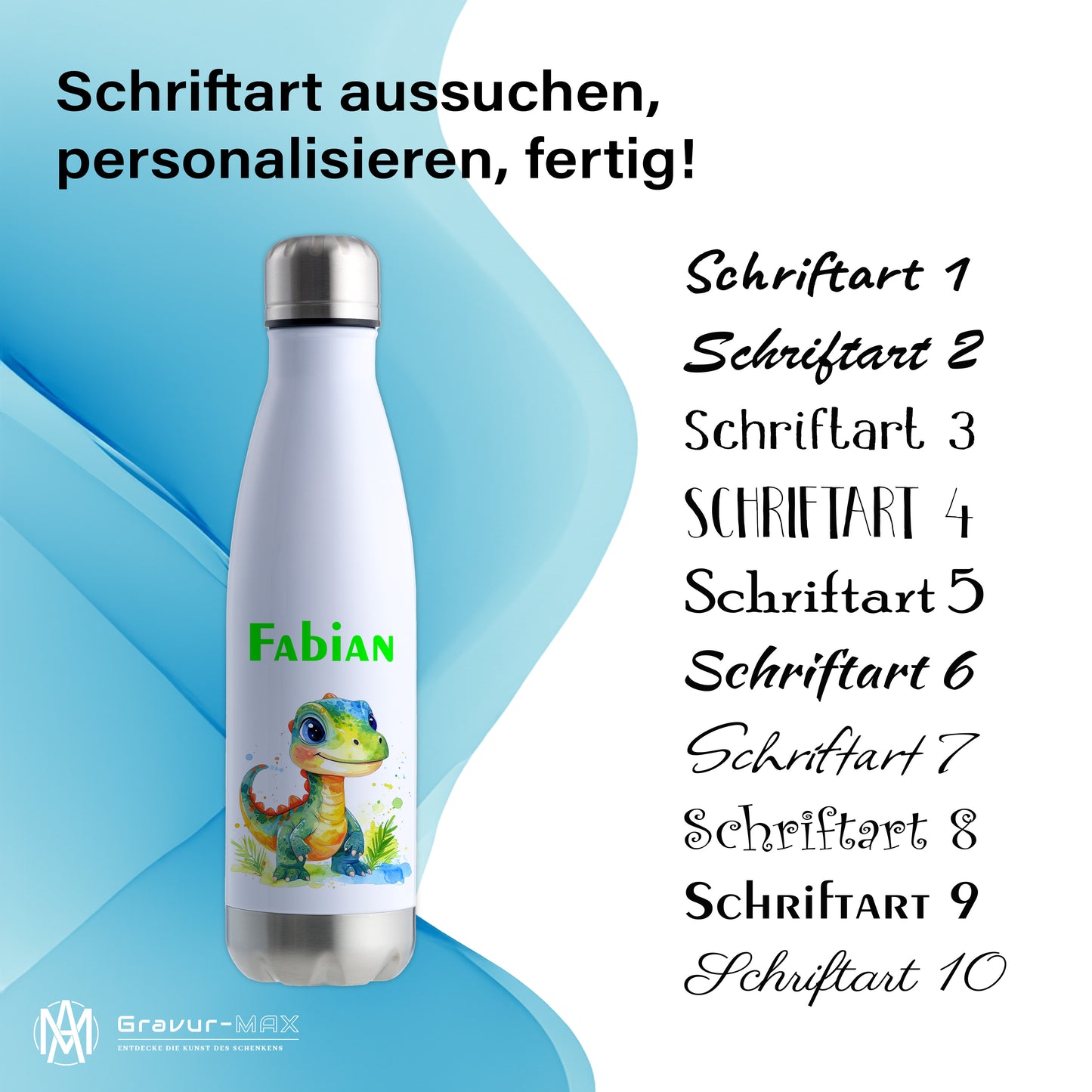 Thermoflasche 500ml in Weiß/Silber bedruckt mit tollen Motiven für Kinder "Dino Kinder" personalisierbar mit Wunschname