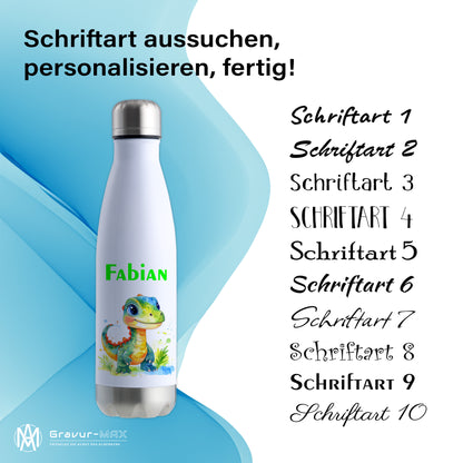 Thermoflasche 500ml in Weiß/Silber bedruckt mit tollen Motiven für Kinder "Dino Kinder" personalisierbar mit Wunschname