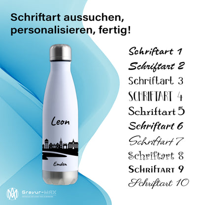 Trinkflasche in Weiß/Silber 500ml aus Edelstahl bedruckt mit der Skyline von Emden personalisierbar mit Wunschname