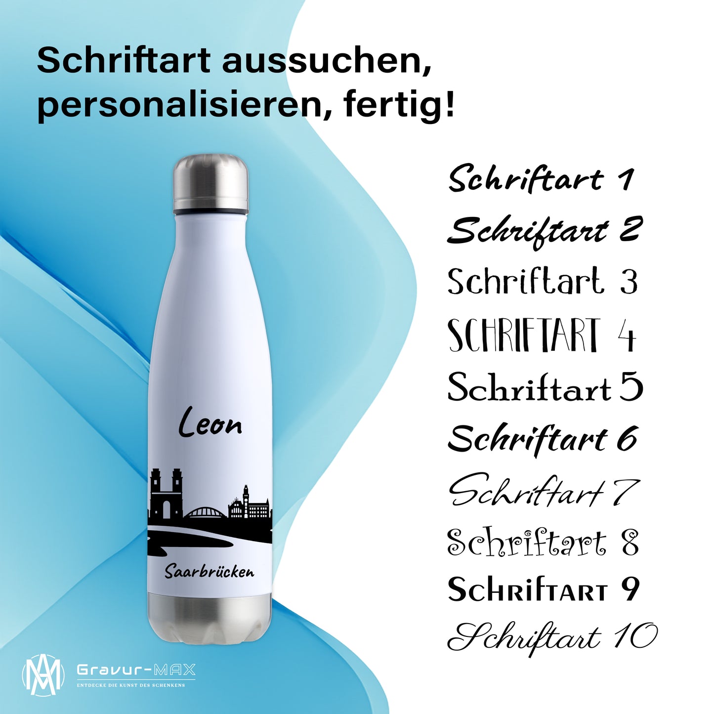 Trinkflasche in Weiß/Silber 500ml aus Edelstahl bedruckt mit der Skyline von Saarbrücken personalisierbar mit Wunschname