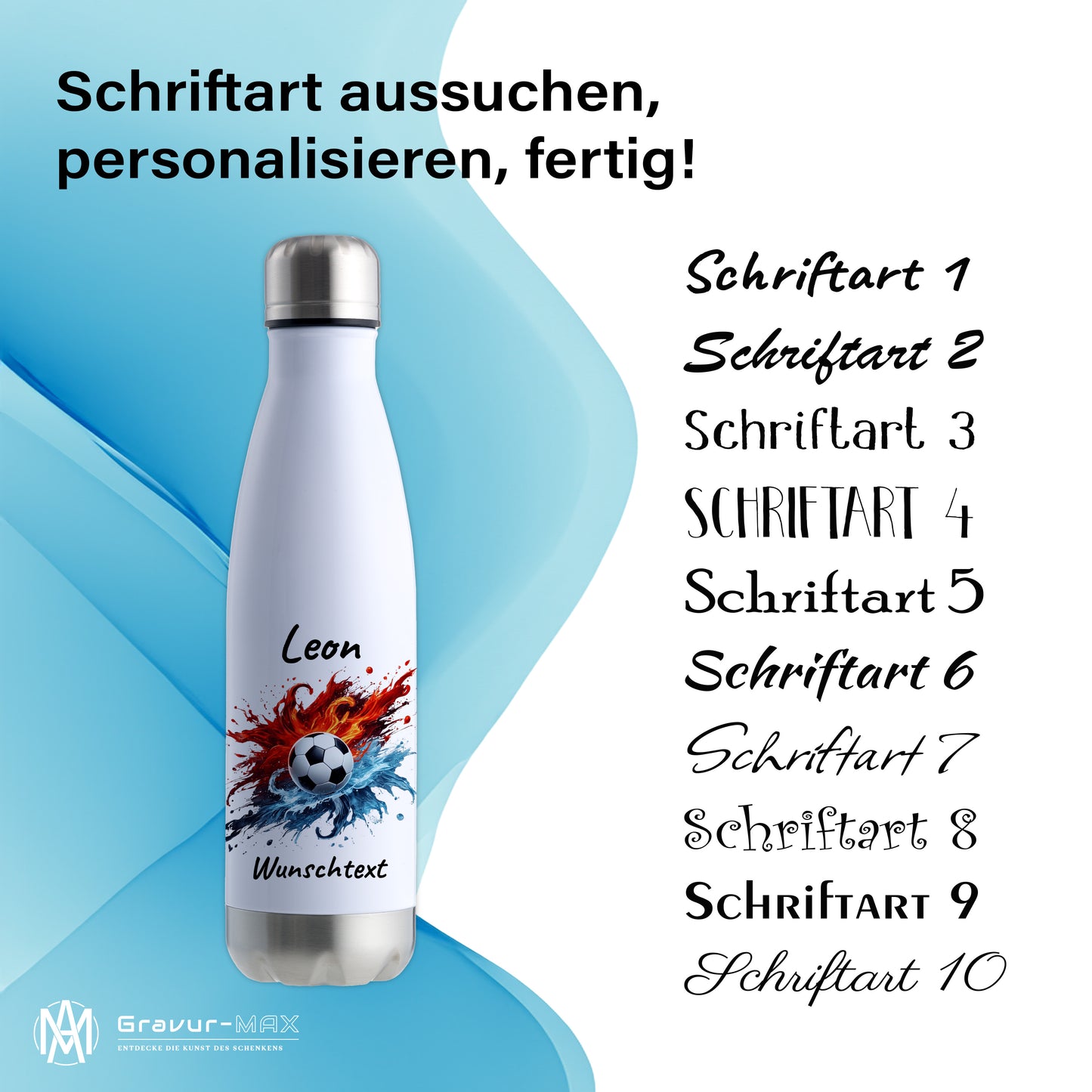 Thermoflasche 500ml in Weiß/Silber aus Edelstahl bedruckt "Fußball" Motiv12 personalisierbar mit Wunschname & Text