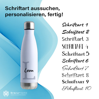 Thermoflasche 500ml aus Edelstahl in Weiß/Silber personalisierbar mit Wunschname auslaufsichere Trinkflasche