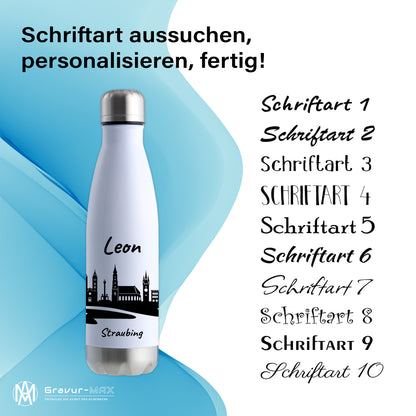 Trinkflasche in Weiß/Silber 500ml aus Edelstahl bedruckt mit der Skyline von Straubing personalisierbar mit Wunschname