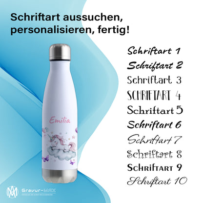 Thermoflasche 500ml in Weiß/Silber bedruckt mit tollen Motiven für Kinder "Einhorn Wolke" personalisierbar mit Wunschname