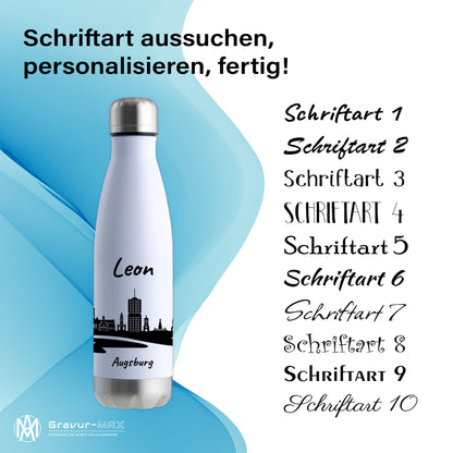 Trinkflasche in Weiß/Silber 500ml aus Edelstahl bedruckt mit der Skyline von Augsburg personalisierbar mit Wunschname