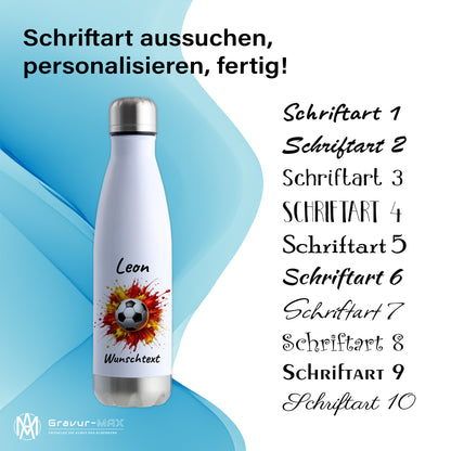 Thermoflasche 500ml in Weiß/Silber aus Edelstahl bedruckt "Fußball" Motiv9 personalisierbar mit Wunschname & Text