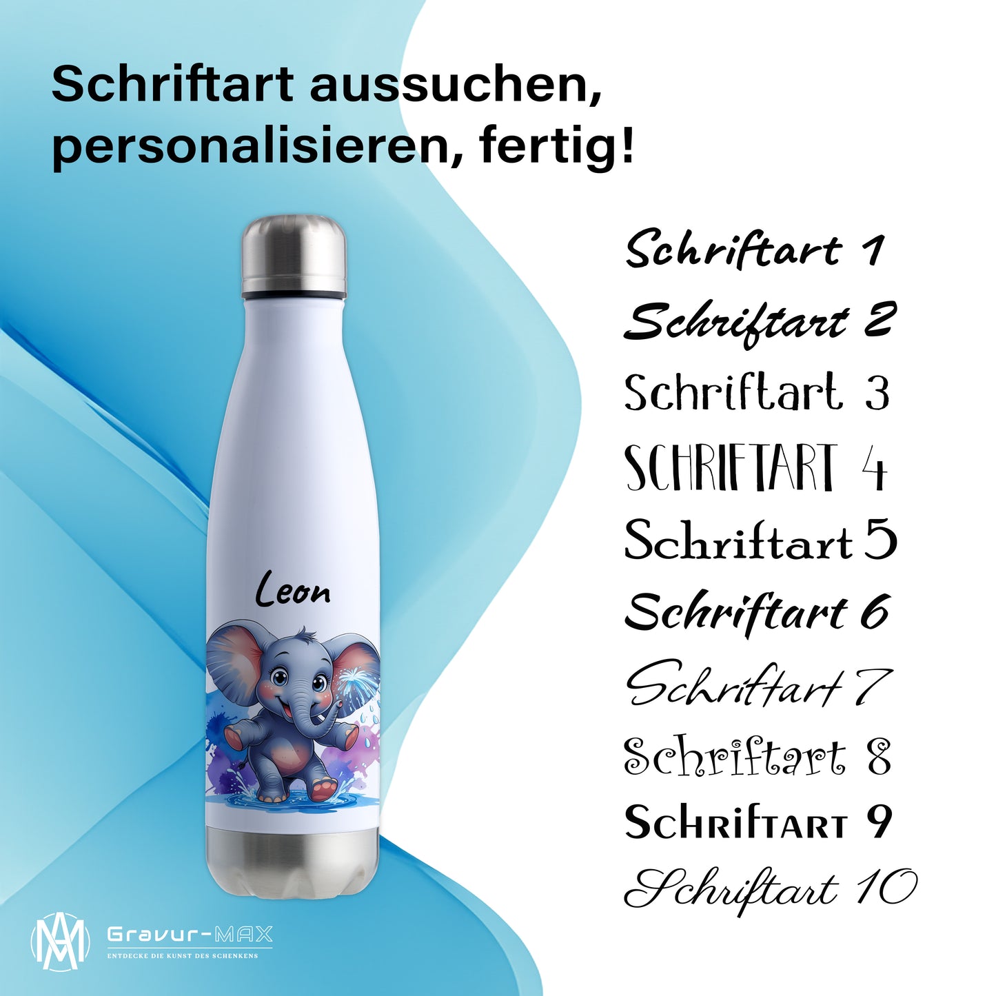 Trinkflasche in Weiß/Silber 500ml aus Edelstahl bedruckt mit niedlichen Tieren "Elefant" personalisierbar für Kinder mit Wunschname