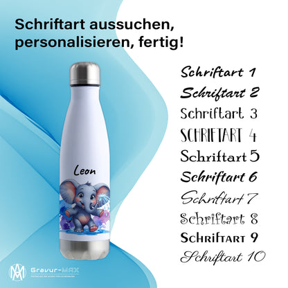 Trinkflasche in Weiß/Silber 500ml aus Edelstahl bedruckt mit niedlichen Tieren "Elefant" personalisierbar für Kinder mit Wunschname