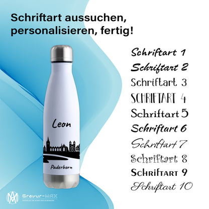 Trinkflasche in Weiß/Silber 500ml aus Edelstahl bedruckt mit der Skyline von Paderborn personalisierbar mit Wunschname