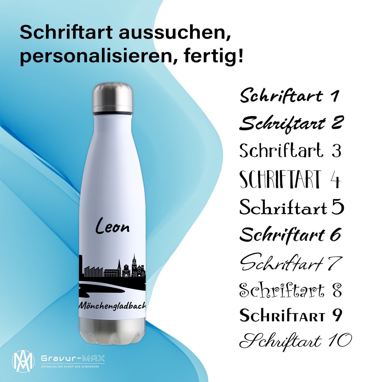 Trinkflasche in Weiß/Silber 500ml aus Edelstahl bedruckt mit der Skyline von Mönchengladbach personalisierbar mit Wunschname