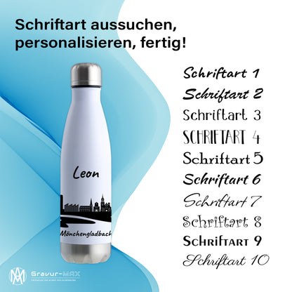 Trinkflasche in Weiß/Silber 500ml aus Edelstahl bedruckt mit der Skyline von Mönchengladbach personalisierbar mit Wunschname