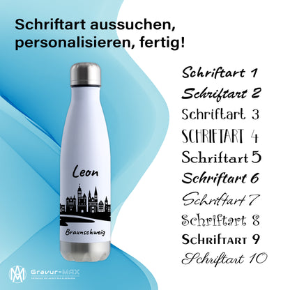 Trinkflasche in Weiß/Silber 500ml aus Edelstahl bedruckt mit der Skyline von Braunschweig personalisierbar mit Wunschname