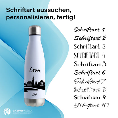 Trinkflasche in Weiß/Silber 500ml aus Edelstahl bedruckt mit der Skyline von Kiel personalisierbar mit Wunschname