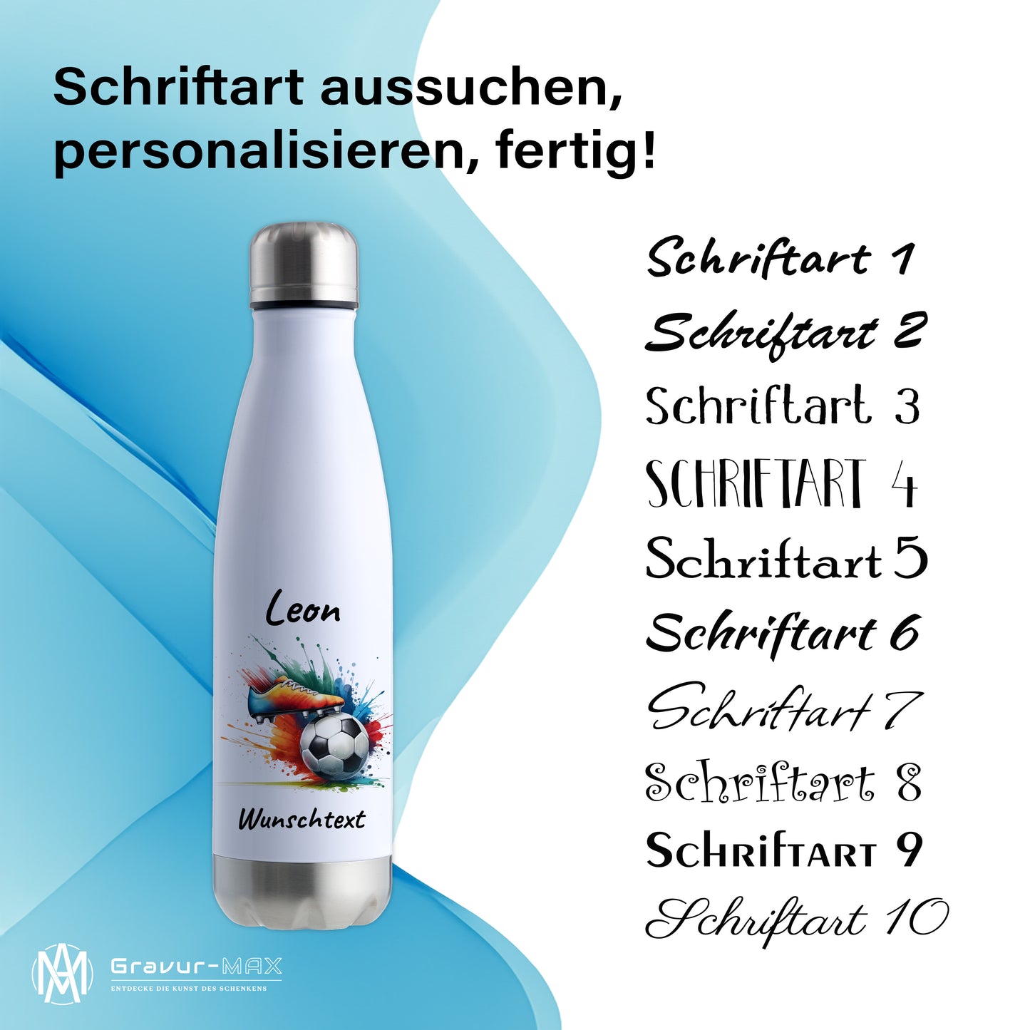 Thermoflasche 500ml in Weiß/Silber aus Edelstahl bedruckt "Fußball" Motiv6 personalisierbar mit Wunschname & Text