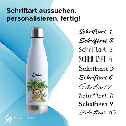 Trinkflasche in Weiß/Silber 500ml aus Edelstahl bedruckt mit Dschungel Tieren"Löwe" personalisierbar für Kinder mit Wunschname