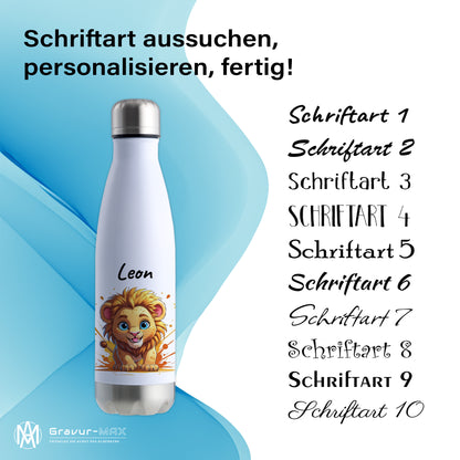 Trinkflasche in Weiß/Silber 500ml aus Edelstahl bedruckt mit niedlichen Tieren "Löwe" personalisierbar für Kinder mit Wunschname