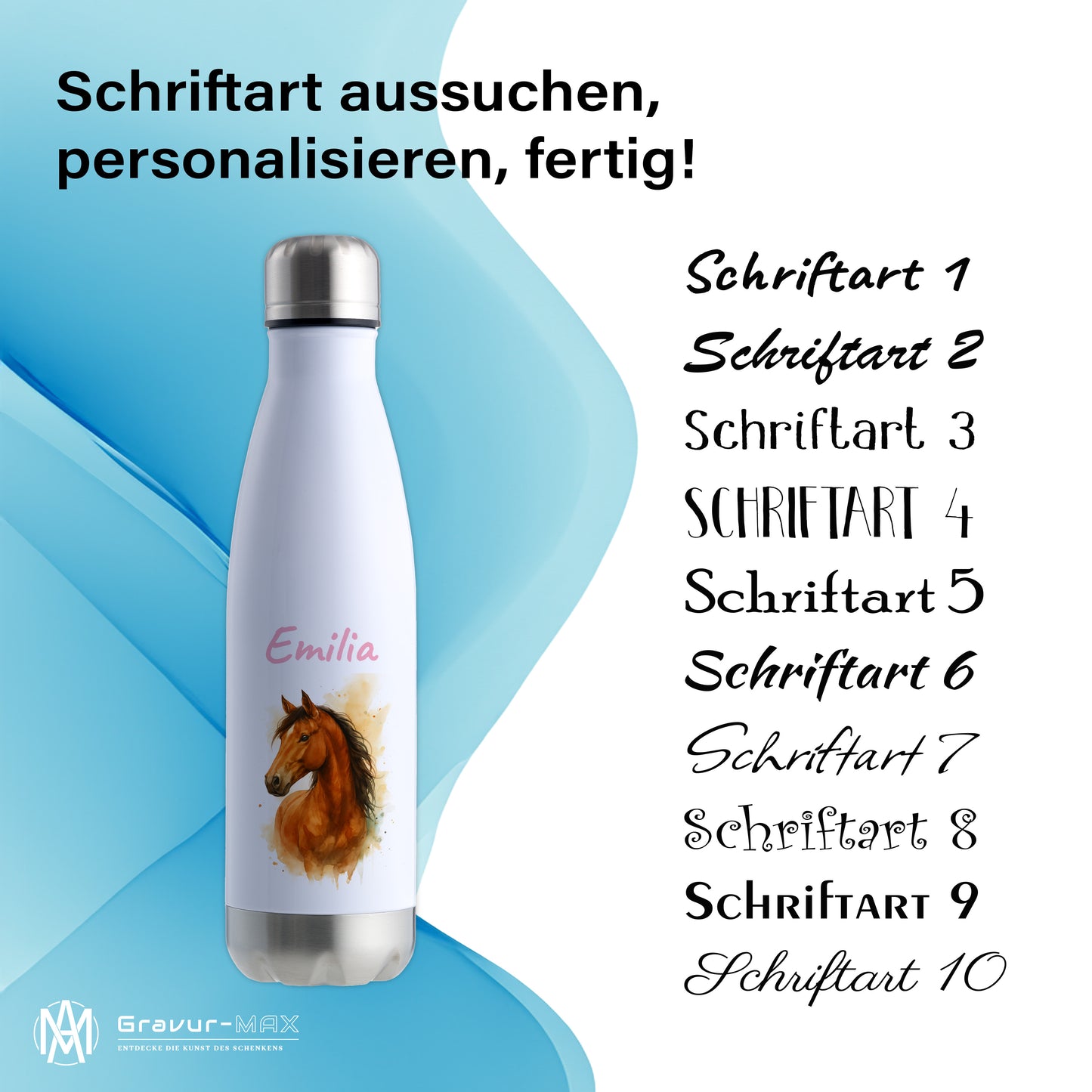 Thermoflasche 500ml in Weiß/Silber bedruckt mit tollen Motiven für Kinder "Pferd" personalisierbar mit Wunschname