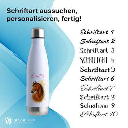 Thermoflasche 500ml in Weiß/Silber bedruckt mit tollen Motiven für Kinder "Pferd" personalisierbar mit Wunschname
