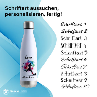 Thermoflasche 500ml in Weiß/Silber aus Edelstahl bedruckt "Fußball" Motiv4 personalisierbar mit Wunschname & Text