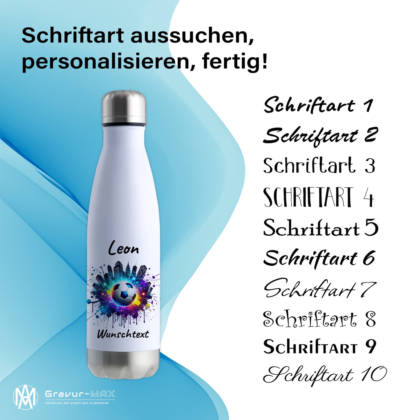 Thermoflasche 500ml in Weiß/Silber aus Edelstahl bedruckt "Fußball" Motiv7 personalisierbar mit Wunschname & Text