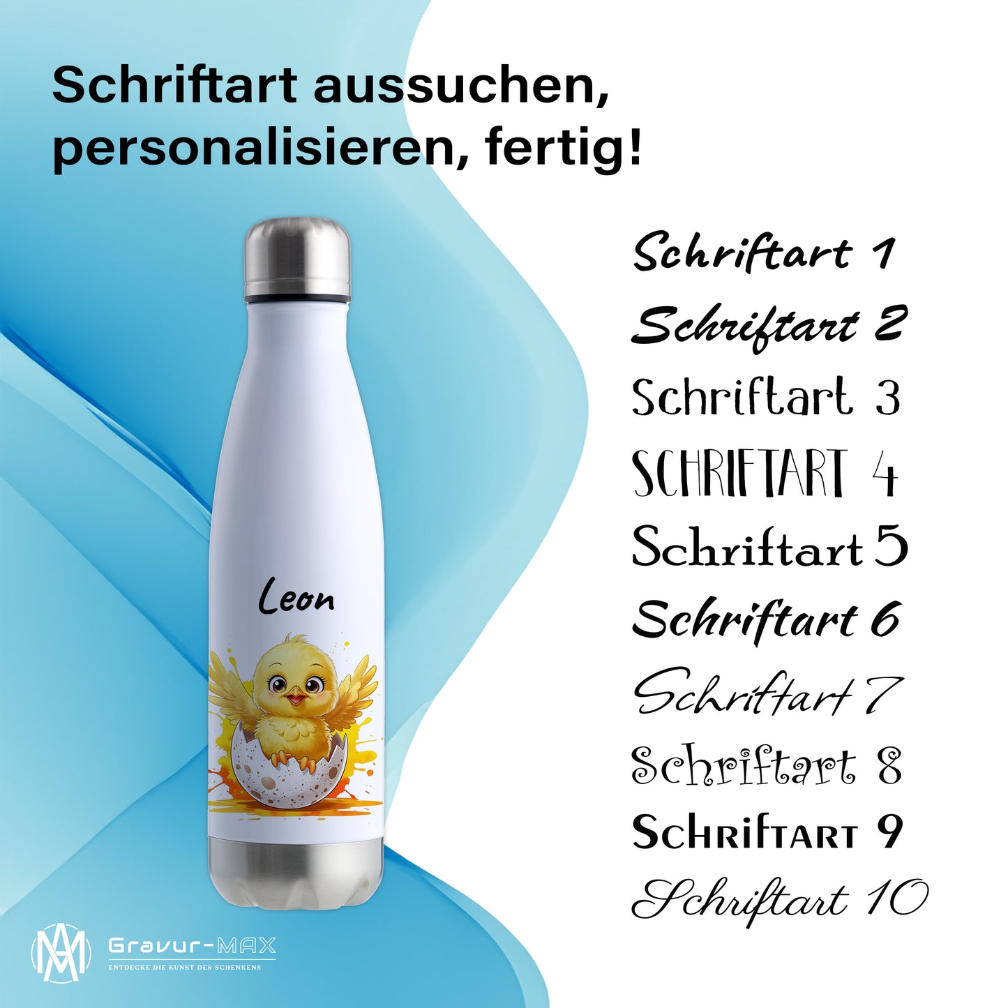 Trinkflasche in Weiß/Silber 500ml aus Edelstahl bedruckt mit niedlichen Tieren "Küken" personalisierbar für Kinder mit Wunschname