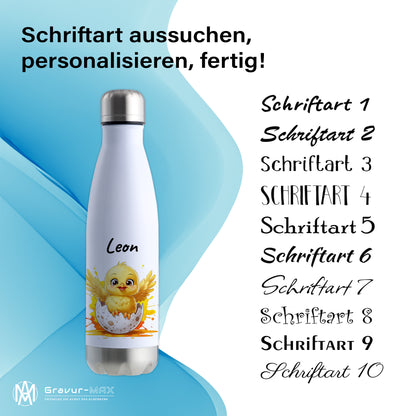 Trinkflasche in Weiß/Silber 500ml aus Edelstahl bedruckt mit niedlichen Tieren "Küken" personalisierbar für Kinder mit Wunschname