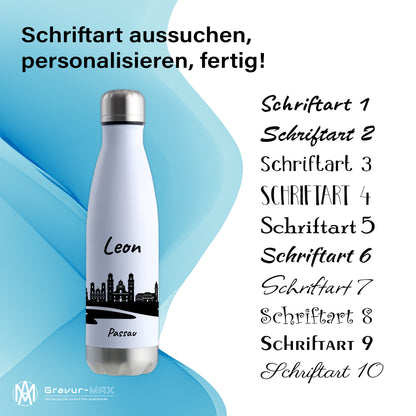 Trinkflasche in Weiß/Silber 500ml aus Edelstahl bedruckt mit der Skyline von Passau personalisierbar mit Wunschname
