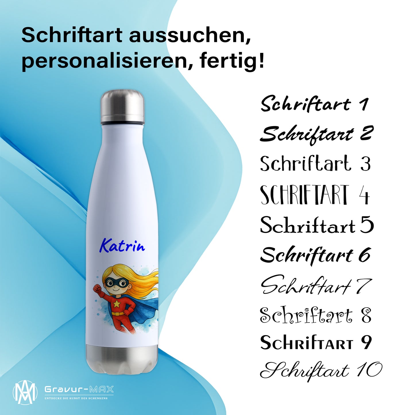Thermoflasche 500ml in Weiß/Silber bedruckt mit tollen Motiven für Kinder "Superheldin" personalisierbar mit Wunschname