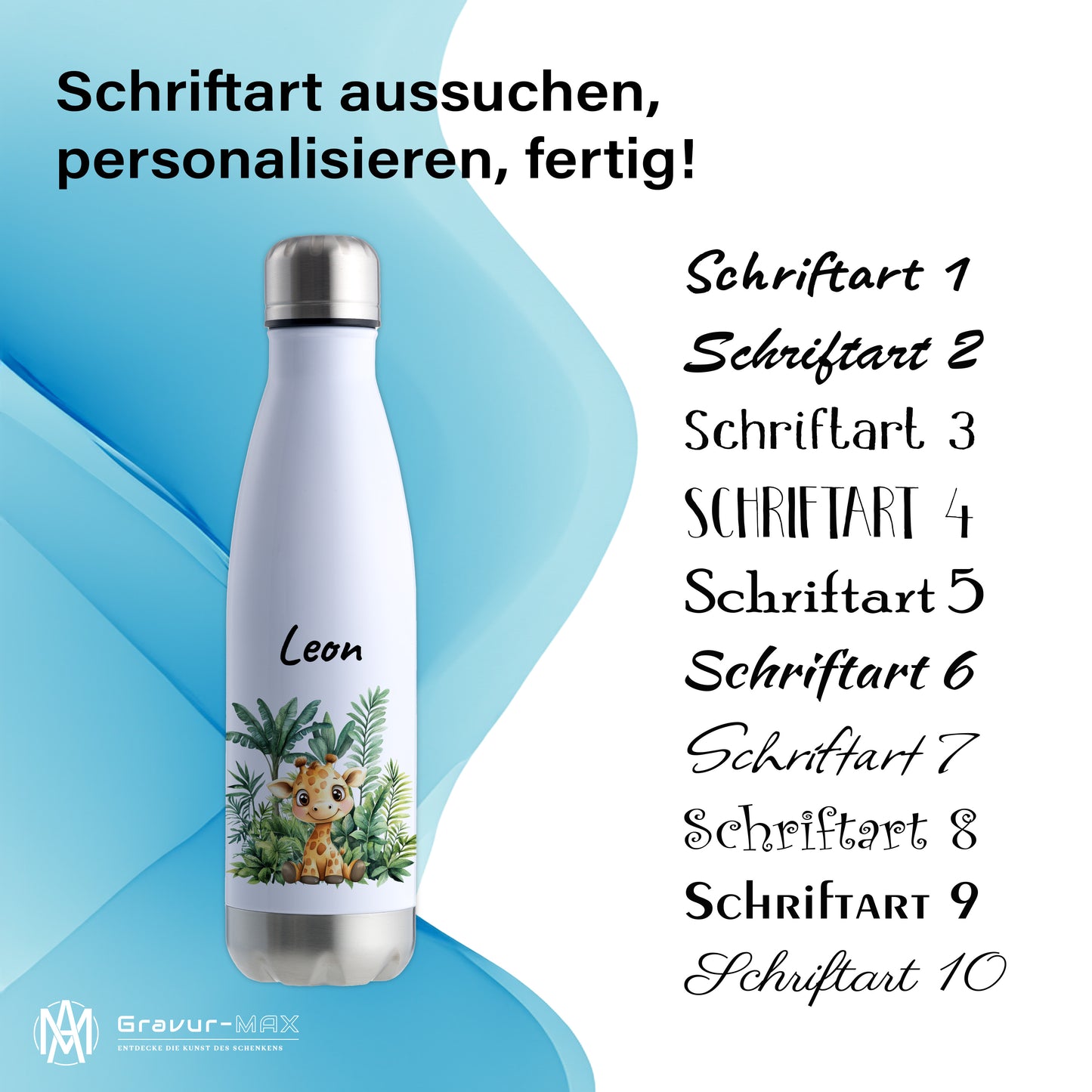 Trinkflasche in Weiß/Silber 500ml aus Edelstahl bedruckt mit Dschungel Tieren"Giraffe" personalisierbar für Kinder mit Wunschname