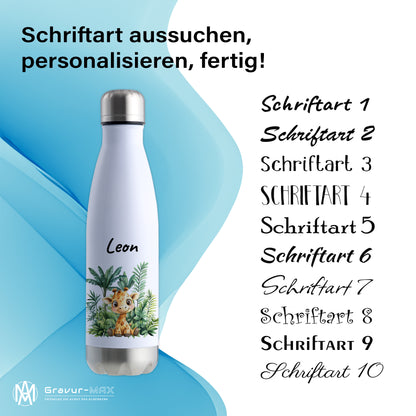Trinkflasche in Weiß/Silber 500ml aus Edelstahl bedruckt mit Dschungel Tieren"Giraffe" personalisierbar für Kinder mit Wunschname