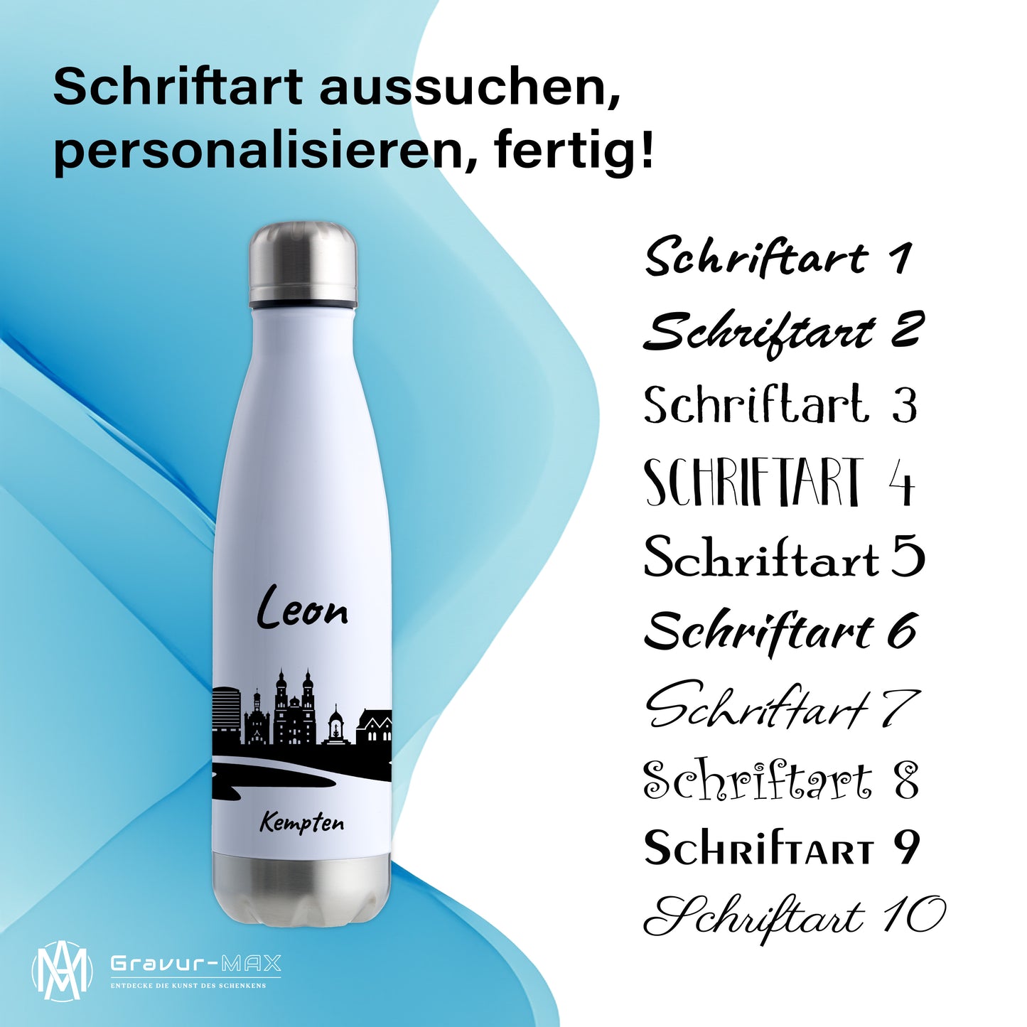 Trinkflasche in Weiß/Silber 500ml aus Edelstahl bedruckt mit der Skyline von Kempten personalisierbar mit Wunschname