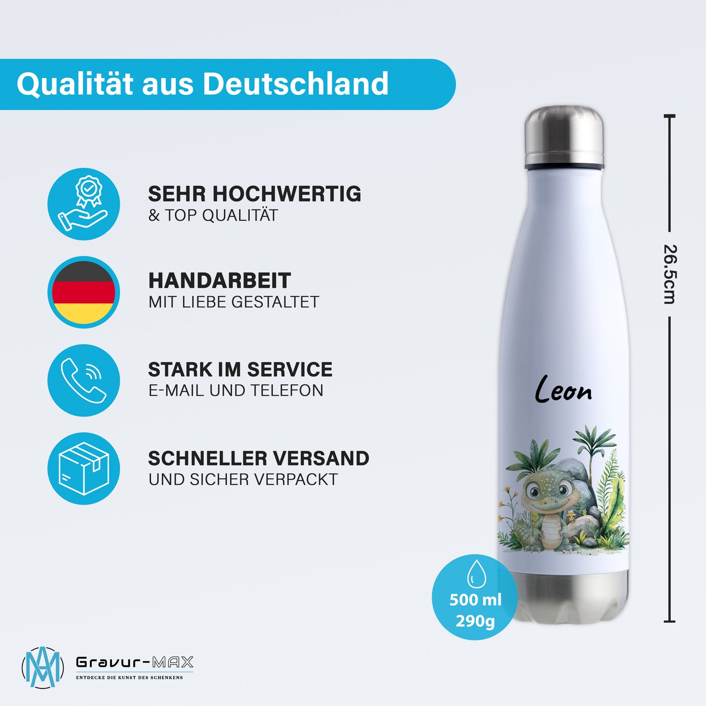 Trinkflasche in Weiß/Silber 500ml aus Edelstahl bedruckt mit Dschungel Tieren"Krokodil" personalisierbar für Kinder mit Wunschname