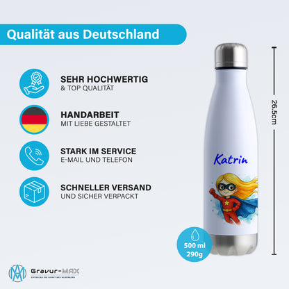 Thermoflasche 500ml in Weiß/Silber bedruckt mit tollen Motiven für Kinder "Superheldin" personalisierbar mit Wunschname
