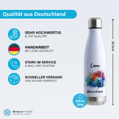 Thermoflasche 500ml in Weiß/Silber aus Edelstahl bedruckt "Fußball" Motiv5 personalisierbar mit Wunschname & Text