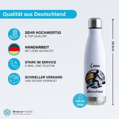 Thermoflasche 500ml in Weiß/Silber aus Edelstahl bedruckt "Fußball" Motiv2 personalisierbar mit Wunschname & Text