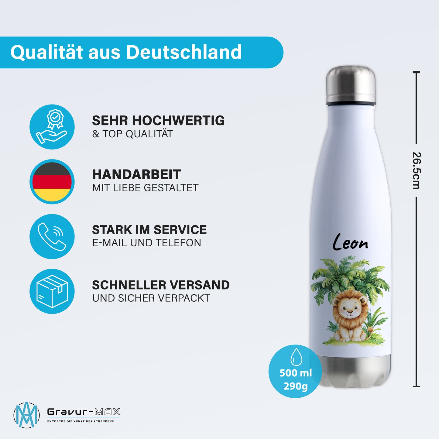 Trinkflasche in Weiß/Silber 500ml aus Edelstahl bedruckt mit Dschungel Tieren"Löwe" personalisierbar für Kinder mit Wunschname