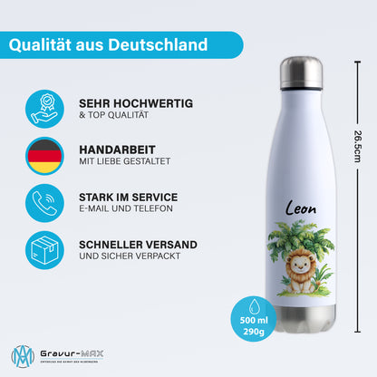 Trinkflasche in Weiß/Silber 500ml aus Edelstahl bedruckt mit Dschungel Tieren"Löwe" personalisierbar für Kinder mit Wunschname