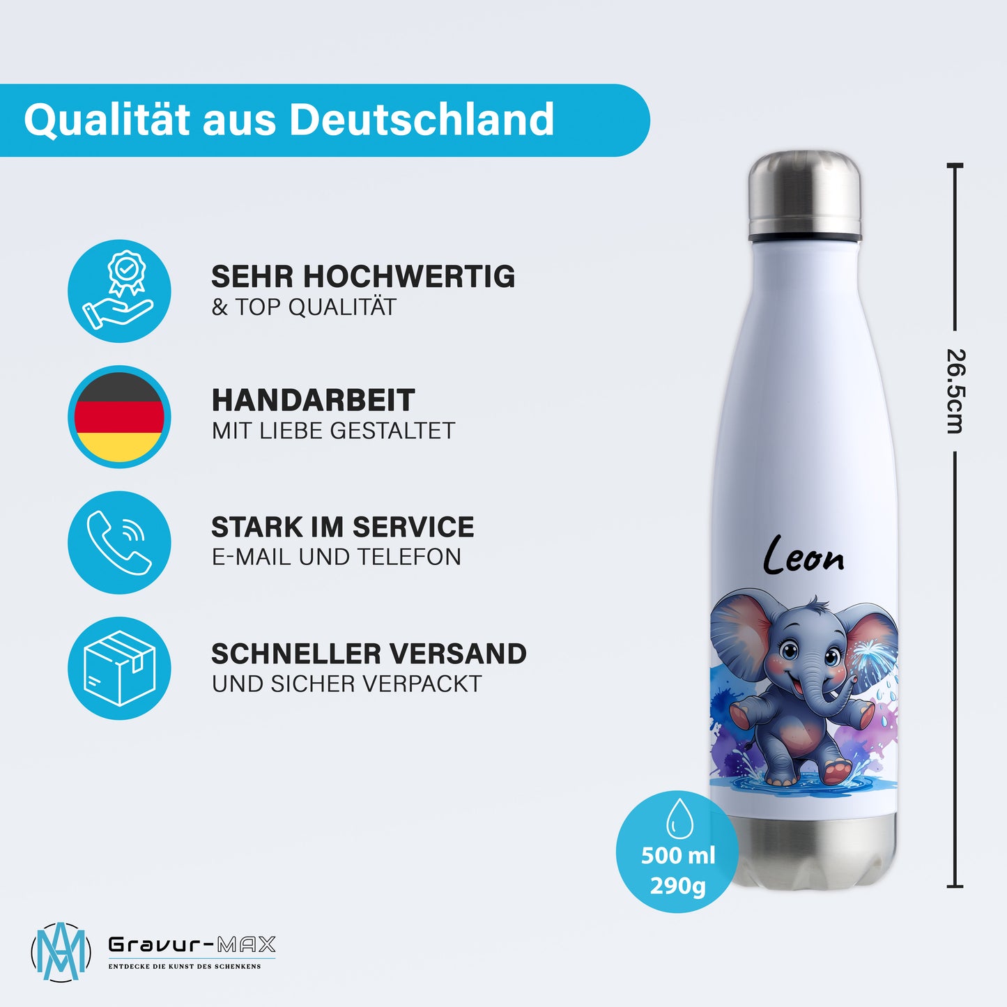 Trinkflasche in Weiß/Silber 500ml aus Edelstahl bedruckt mit niedlichen Tieren "Elefant" personalisierbar für Kinder mit Wunschname