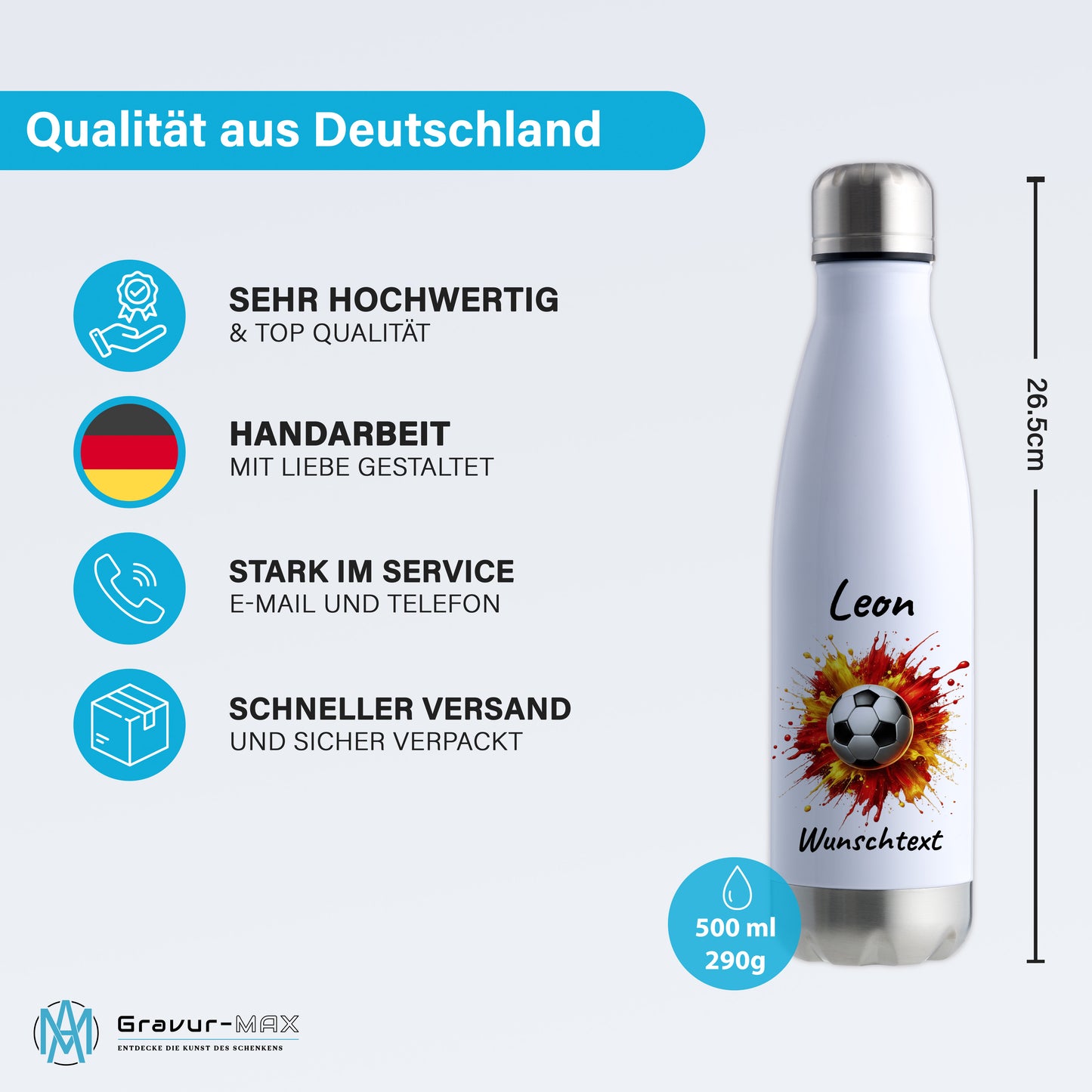 Thermoflasche 500ml in Weiß/Silber aus Edelstahl bedruckt "Fußball" Motiv9 personalisierbar mit Wunschname & Text