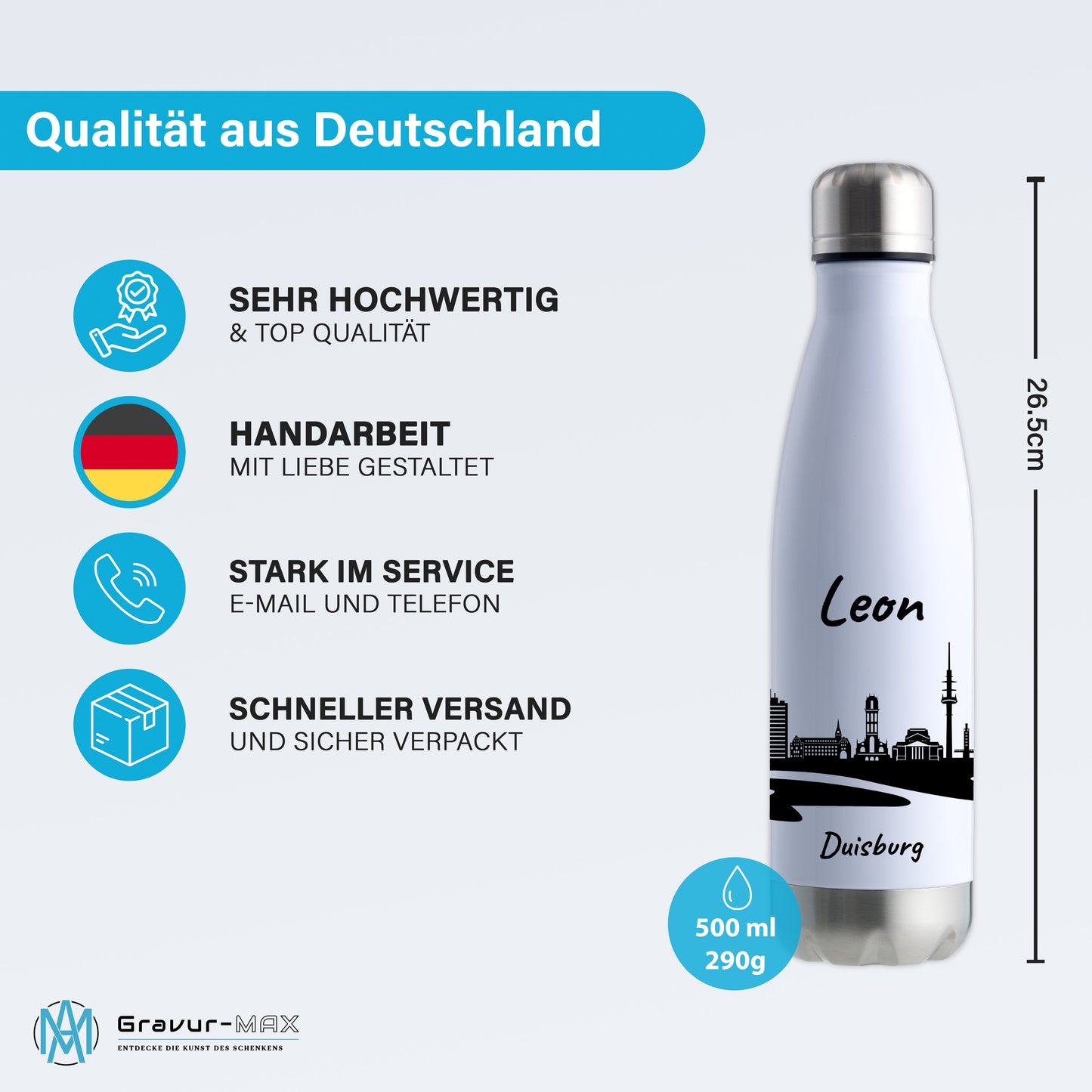 Trinkflasche in Weiß/Silber 500ml aus Edelstahl bedruckt mit der Skyline von Duisburg personalisierbar mit Wunschname