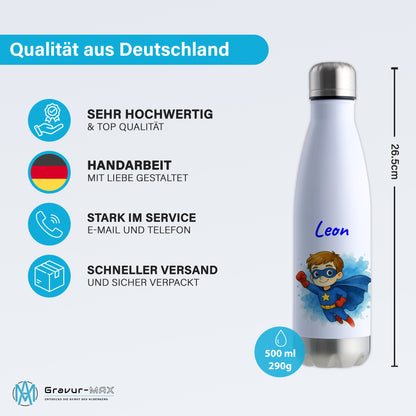 Thermoflasche 500ml in Weiß/Silber bedruckt mit tollen Motiven für Kinder "Superheld" personalisierbar mit Wunschname