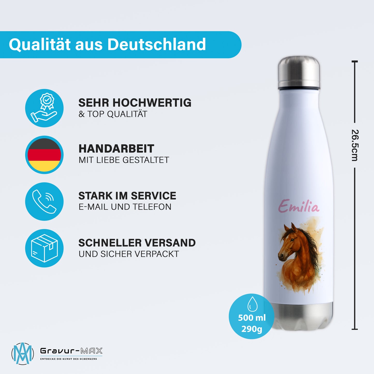 Thermoflasche 500ml in Weiß/Silber bedruckt mit tollen Motiven für Kinder "Pferd" personalisierbar mit Wunschname