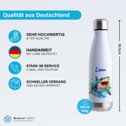 Thermoflasche 500ml in Weiß/Silber bedruckt mit tollen Motiven für Kinder "Hai" personalisierbar mit Wunschname