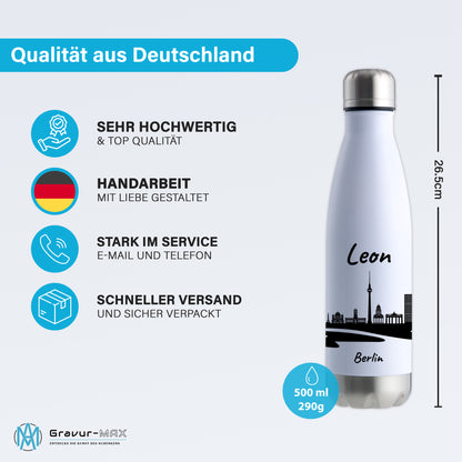 Trinkflasche in Weiß/Silber 500ml aus Edelstahl bedruckt mit der Skyline von Berlin personalisierbar mit Wunschname
