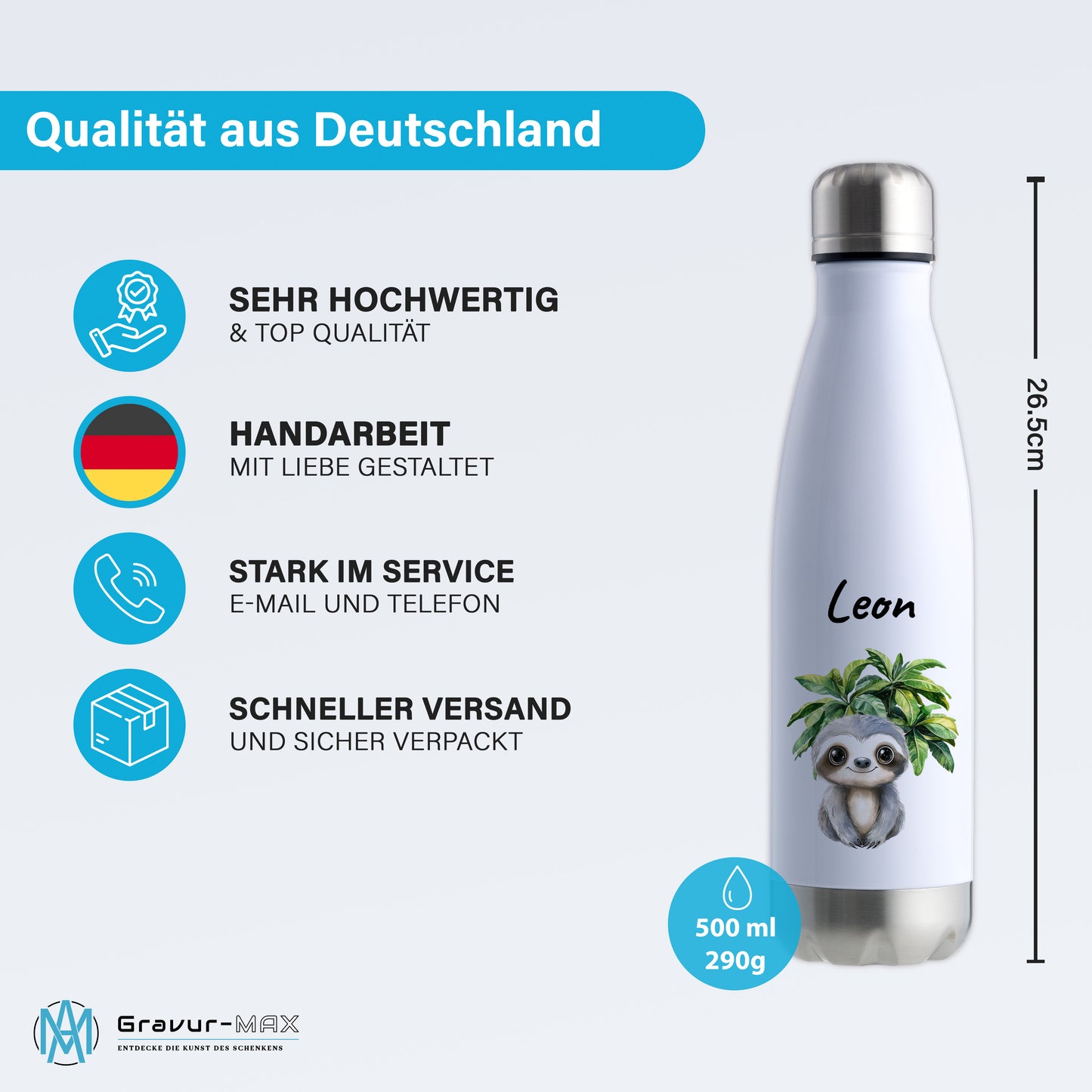 Trinkflasche in Weiß/Silber 500ml aus Edelstahl bedruckt mit Dschungel Tieren"Faultier" personalisierbar für Kinder mit Wunschname