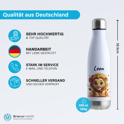 Trinkflasche in Weiß/Silber 500ml aus Edelstahl bedruckt mit niedlichen Tieren "Löwe" personalisierbar für Kinder mit Wunschname