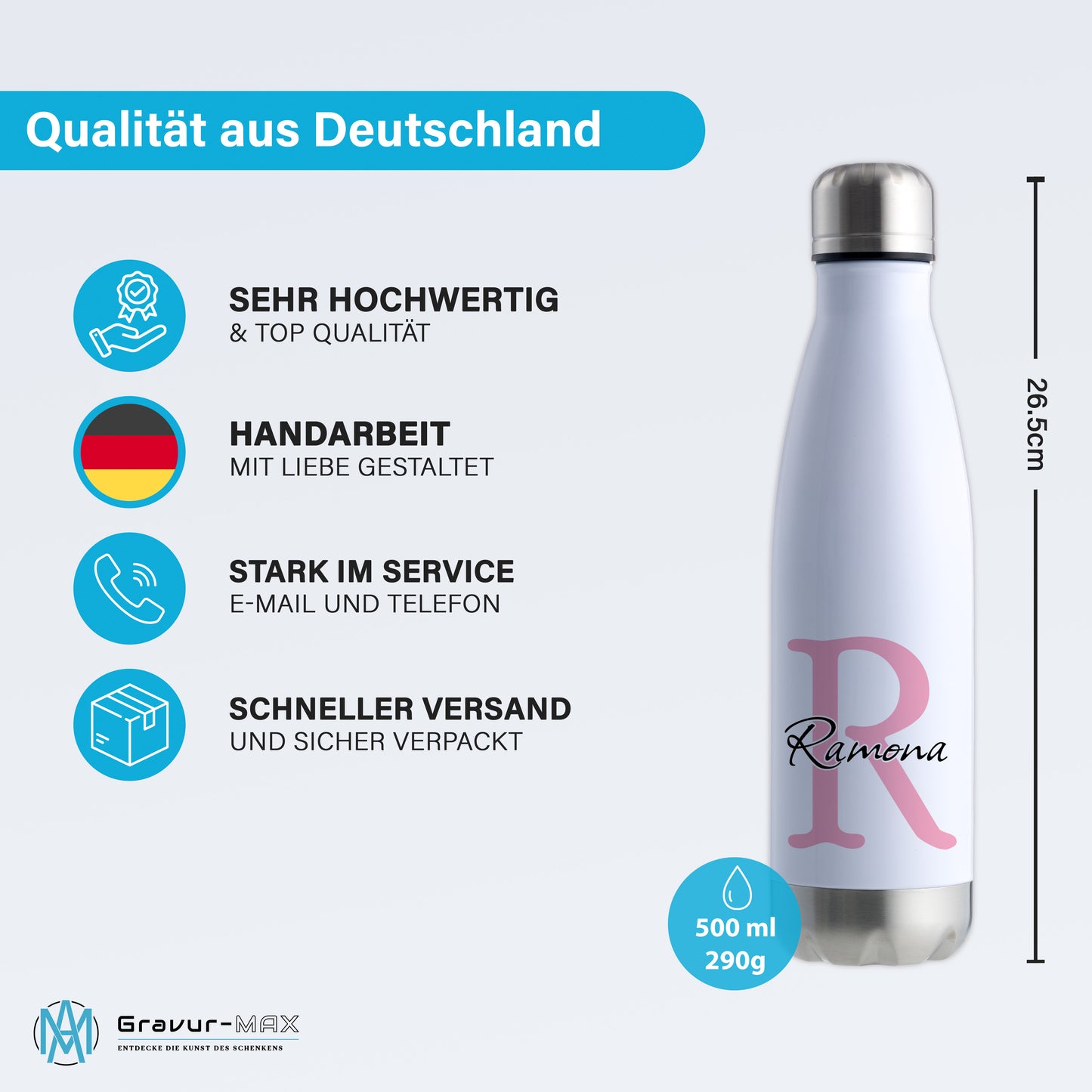 Thermoflasche 500ml aus Edelstahl in Weiß/Silber personalisierbar mit Wunschname auslaufsichere Trinkflasche
