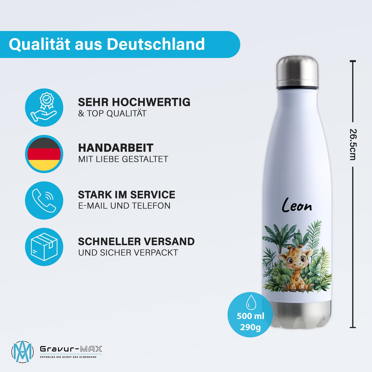 Trinkflasche in Weiß/Silber 500ml aus Edelstahl bedruckt mit Dschungel Tieren"Giraffe" personalisierbar für Kinder mit Wunschname